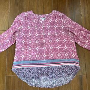 Kim Rogers Curvy 1X Pink Printed Henley Tunic with Decorative Border